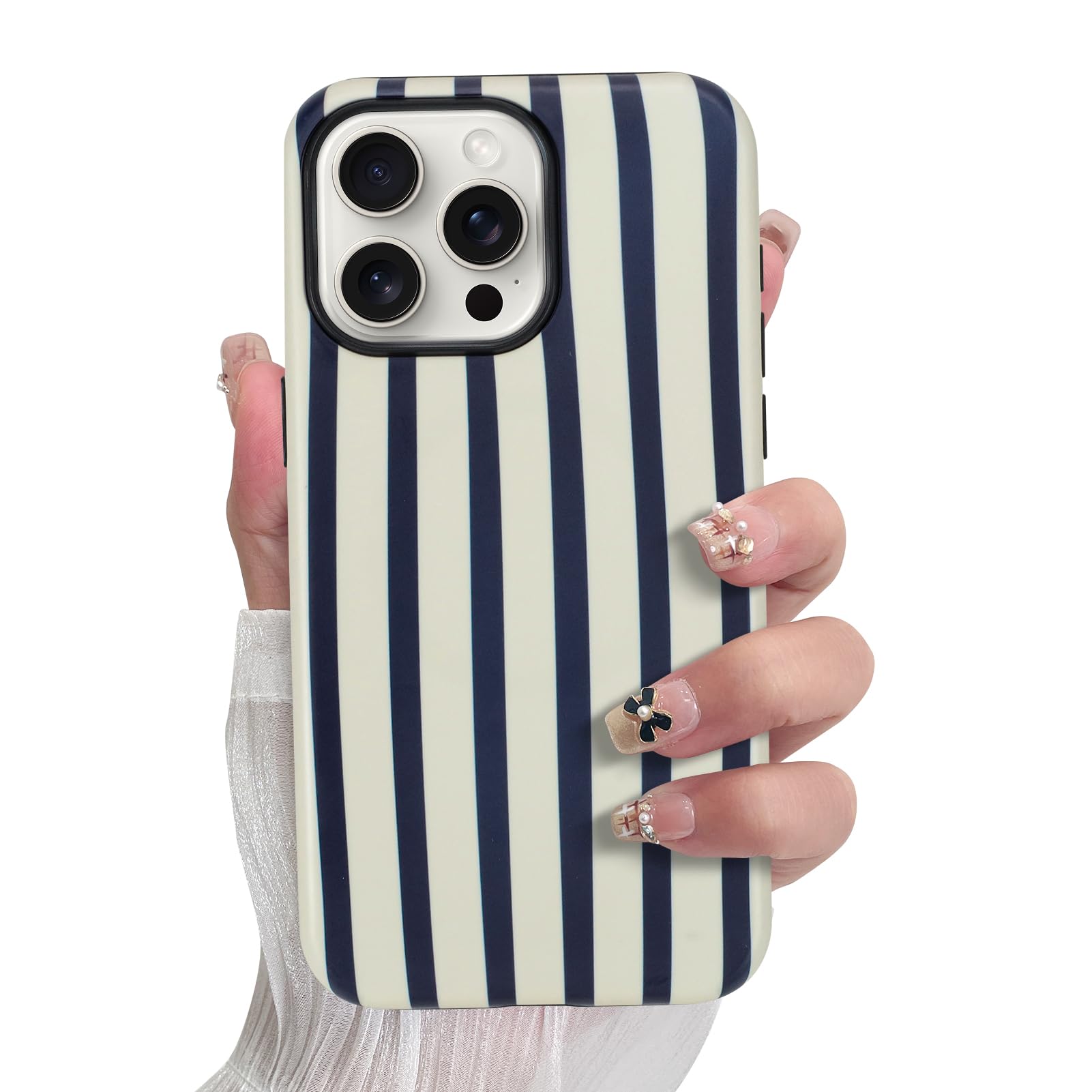 SOKAD Magnetic Vertical Stripes Phone Case for iPhone 15 Pro, Cute Navy Blue Striped Line Pattern Compatible with Magsafe Matte