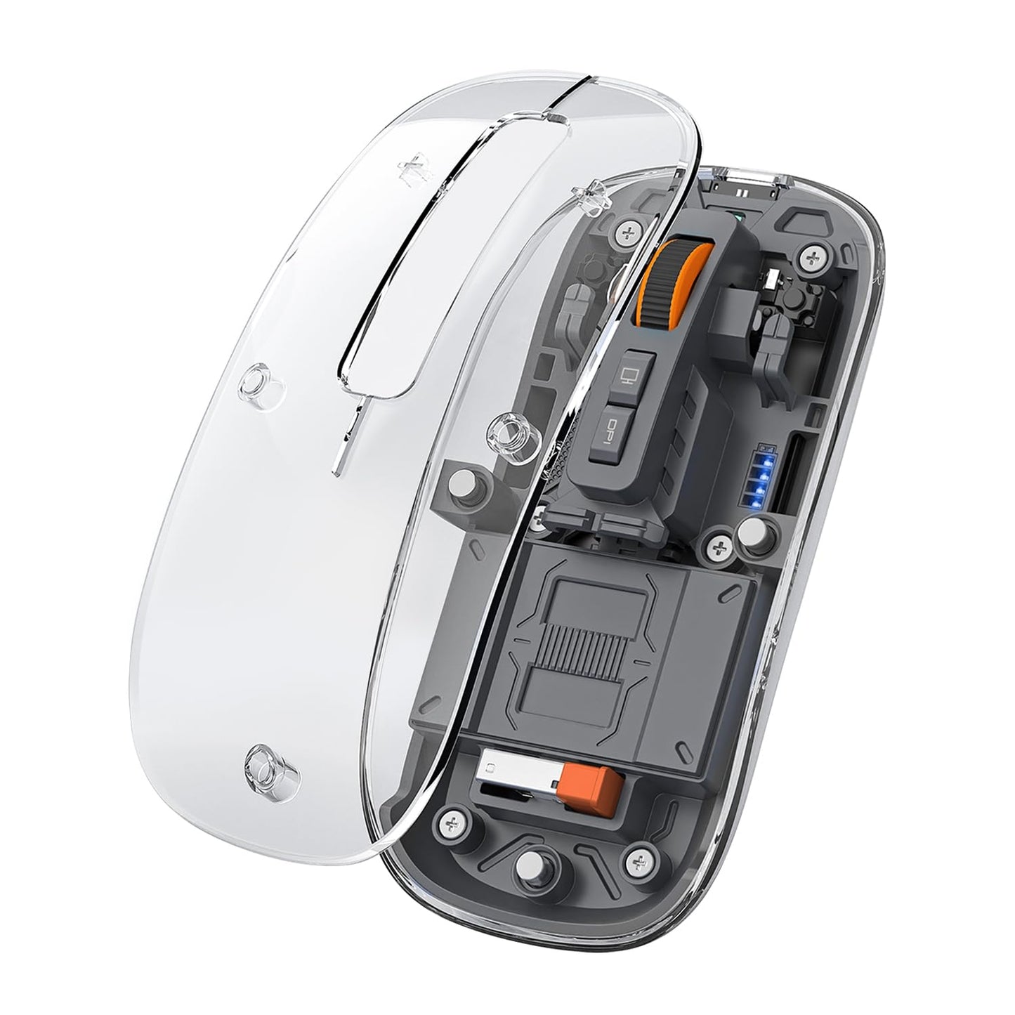 FMOUSE Sleek Transparent Magnetic Wireless Mouse - 3-Mode Connectivity (Dual Bluetooth + USB), DPI Adjust & One-Key Desktop Acce