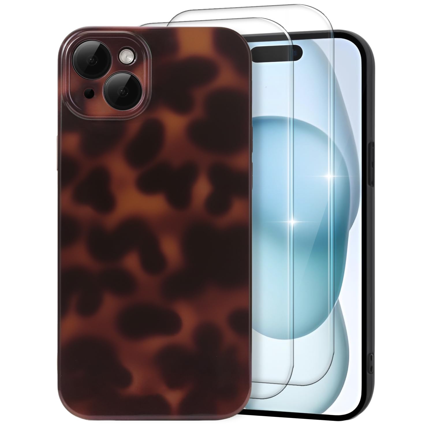 MYY Cute Phone Case for iPhone 15 Case, [with 2X Screen Protector] Tortoise Shell Pattern Leopard Full Camera Protective Slim Sh