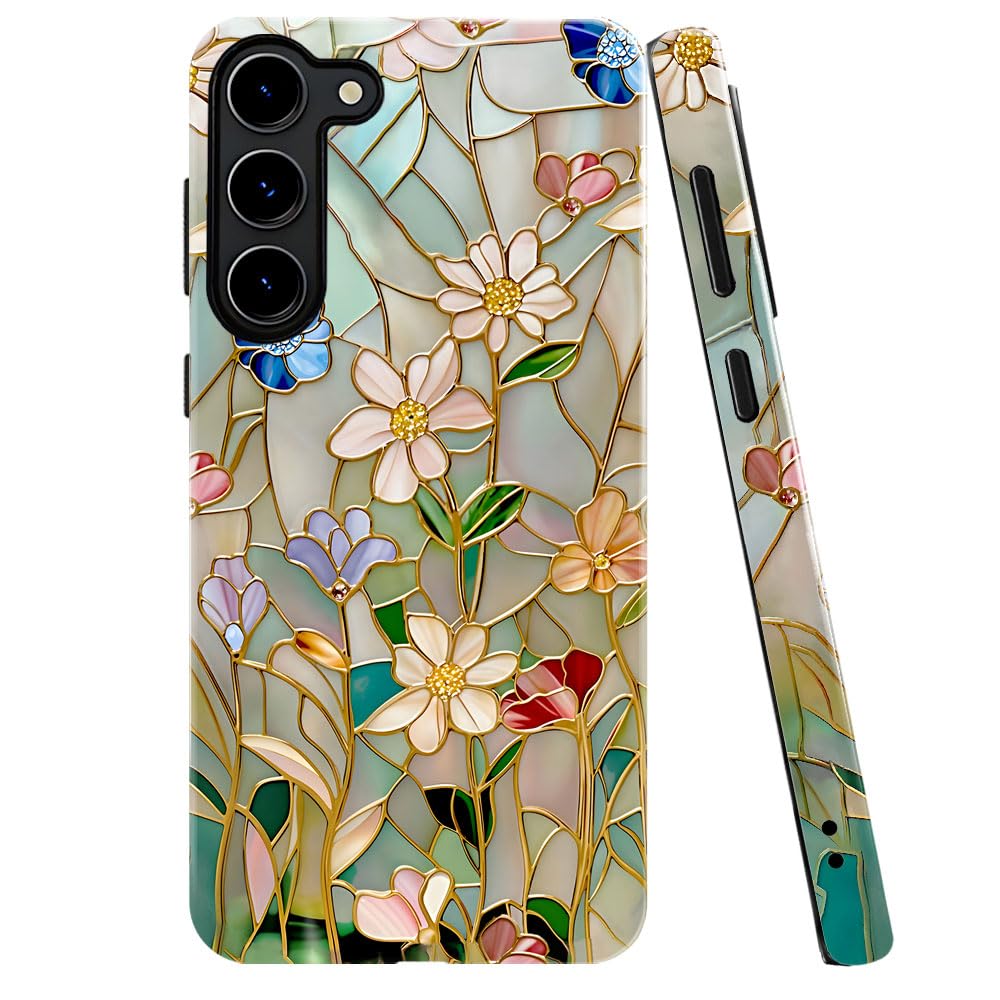 TnXee Case for Samsung Galaxy S23 Plus,Stained Glass Bloom Flower Phone Case Drop Resistant Glossy 2 in 1 Solid Dual-Layer Cover