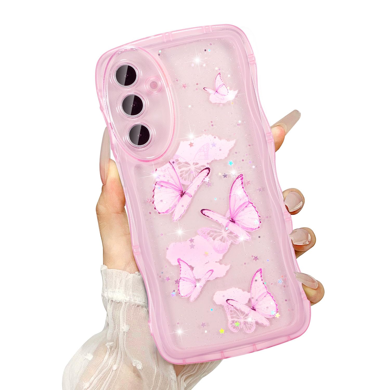 UEEBAI Wave Butterfly Case for Samsung Galaxy A35 5G Case, Pretty Bling Star Butterfly for Women Cute Shiny Glitter Phone Cover