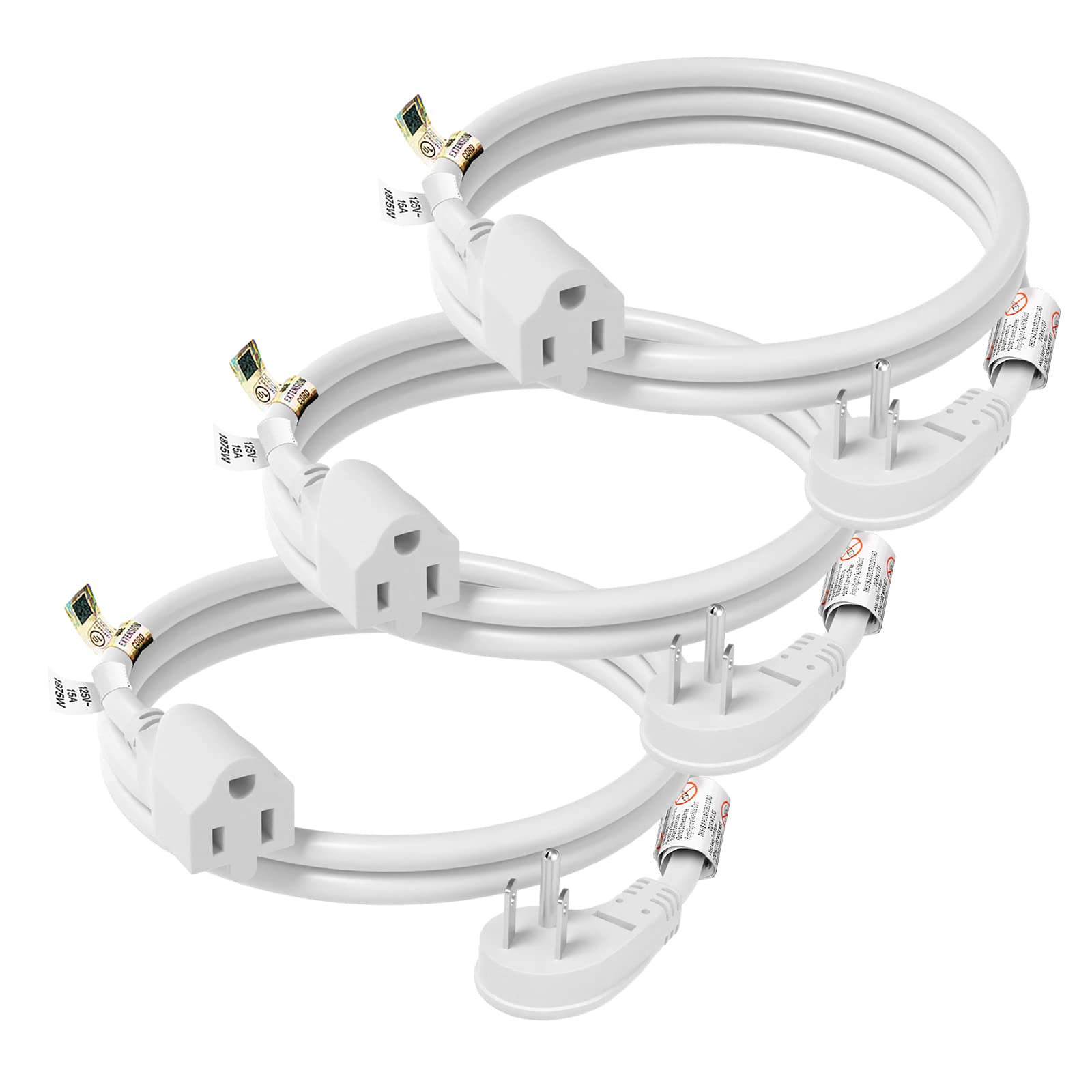 FIRMERST 1875W Flat Plug Extension Cord 3 Feet 14 AWG 15A White, 3 Packs