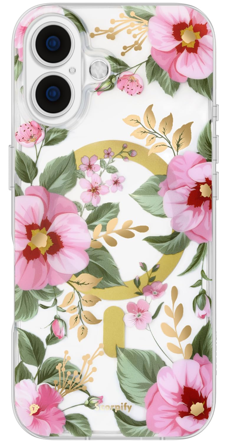 SCORPIFY for iPhone 17 Case [Compatible with MagSafe] with Pink Primrose Floral Design, Cute Clear Flower Magnetic Phone Cover f