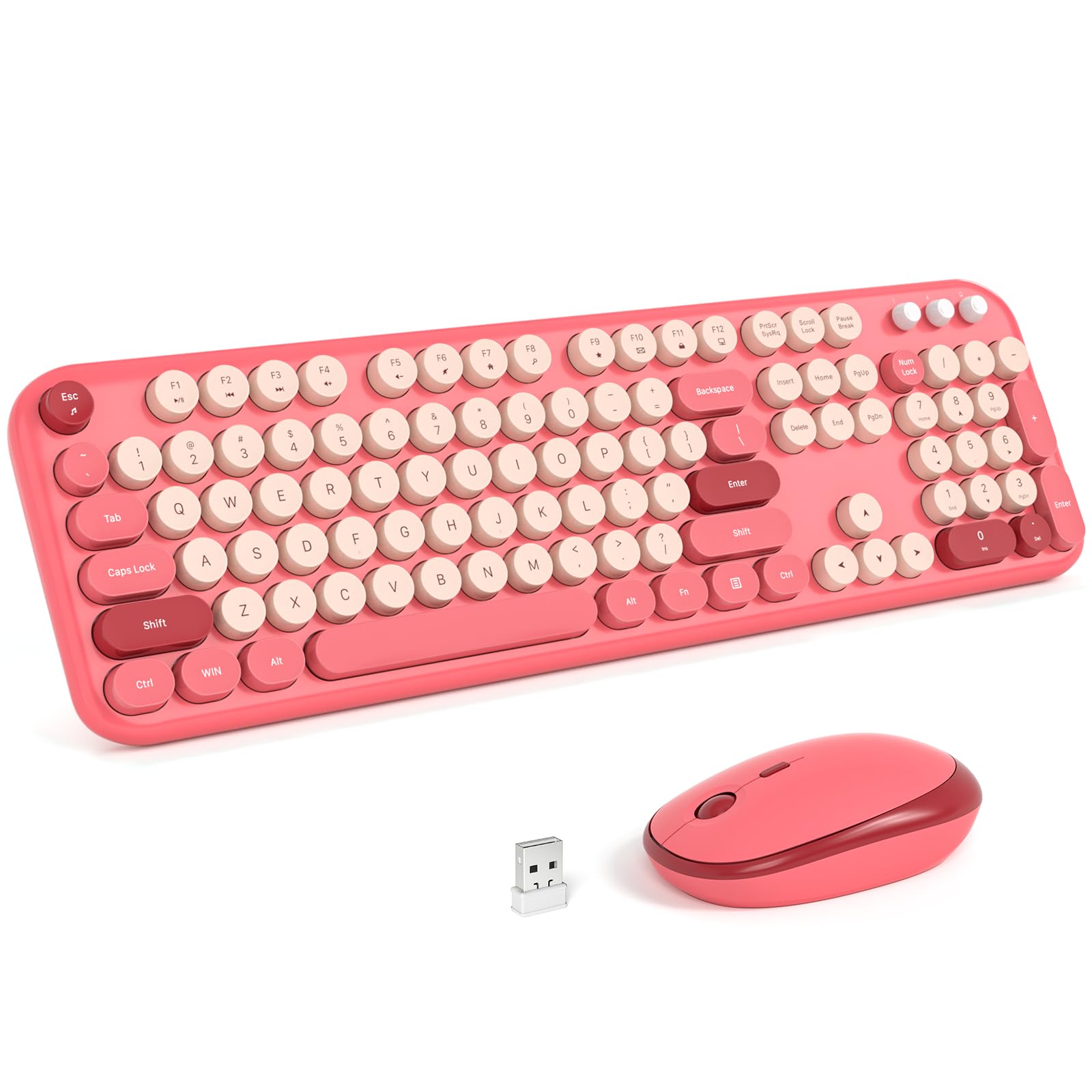 KNOWSQT Wireless Keyboard and Mouse Combo - Lovely Red 2.4G Full-Sized Colorful Keyboards, Round Keycap USB Dongle Plug Play Cut