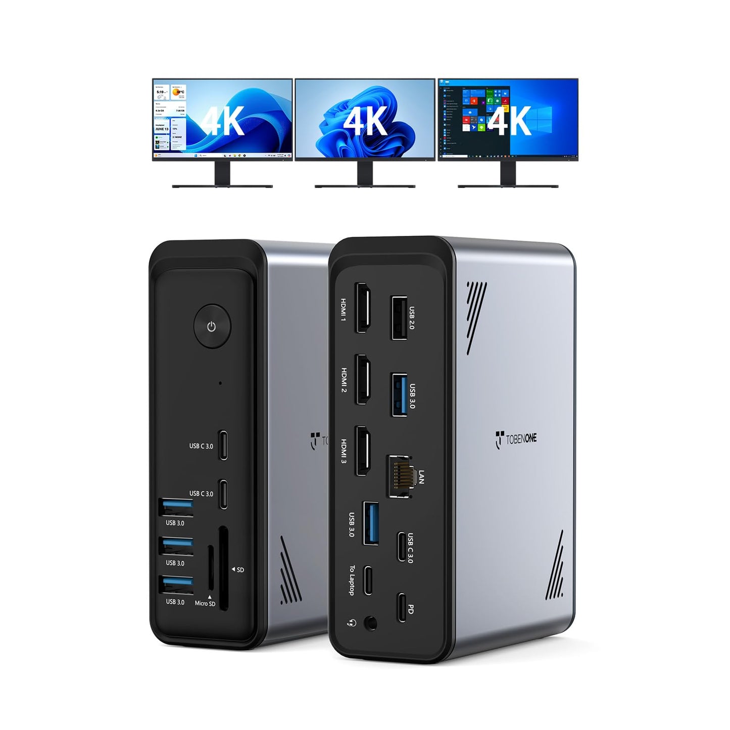 TobenONE 18 in 1 Laptop Docking Station 3 Monitors, Triple 4K Display with 3 HDMI, 9 USB Ports, Gigabit Ethernet, PD3.0, for Win