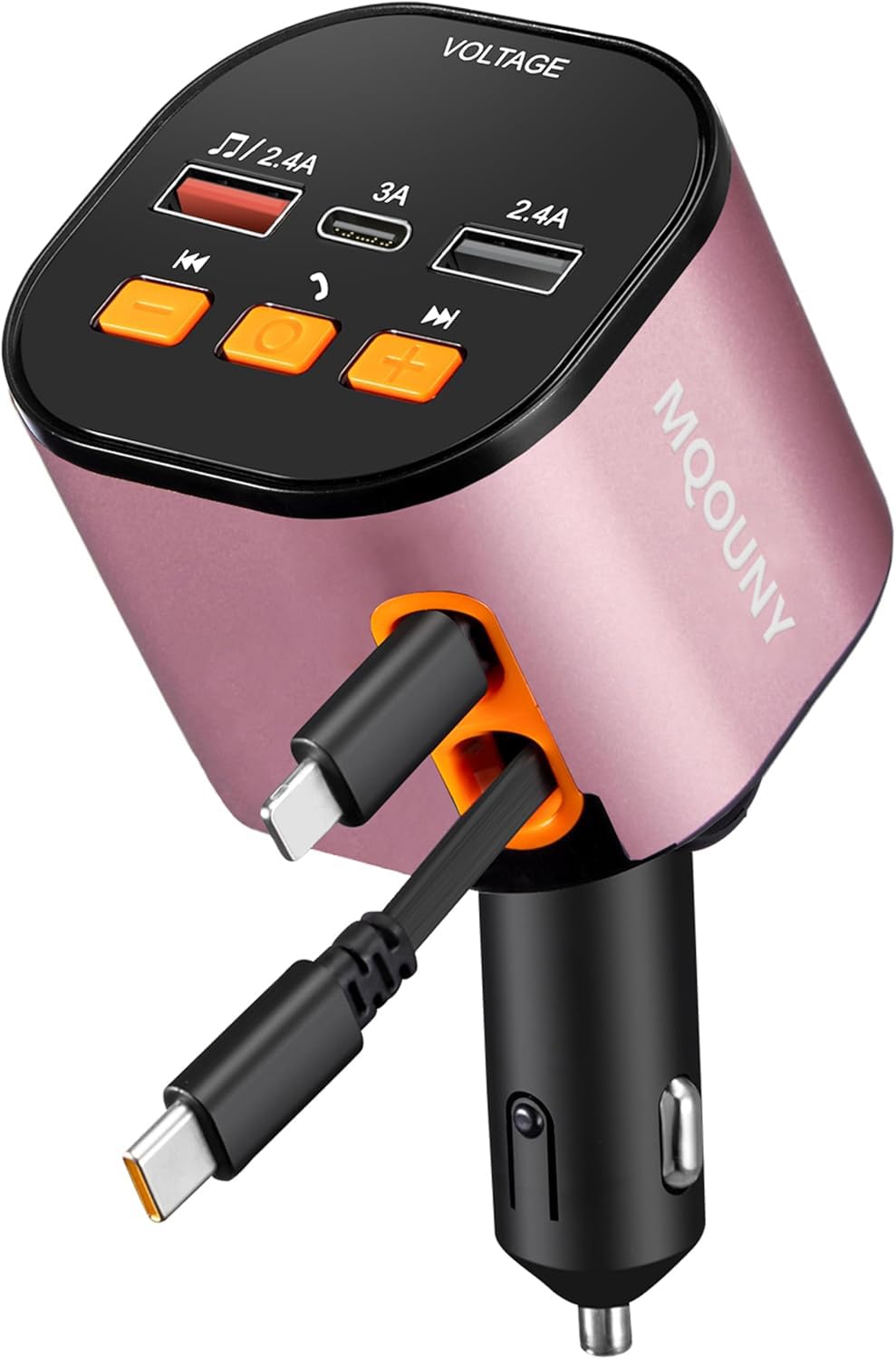 Retractable Car Charger,5 in 1 Fast Car Phone Charger 90W,Bluetooth 5.3 FM Transmitter Adapter,Handsfree Call,2 Retractable Cabl