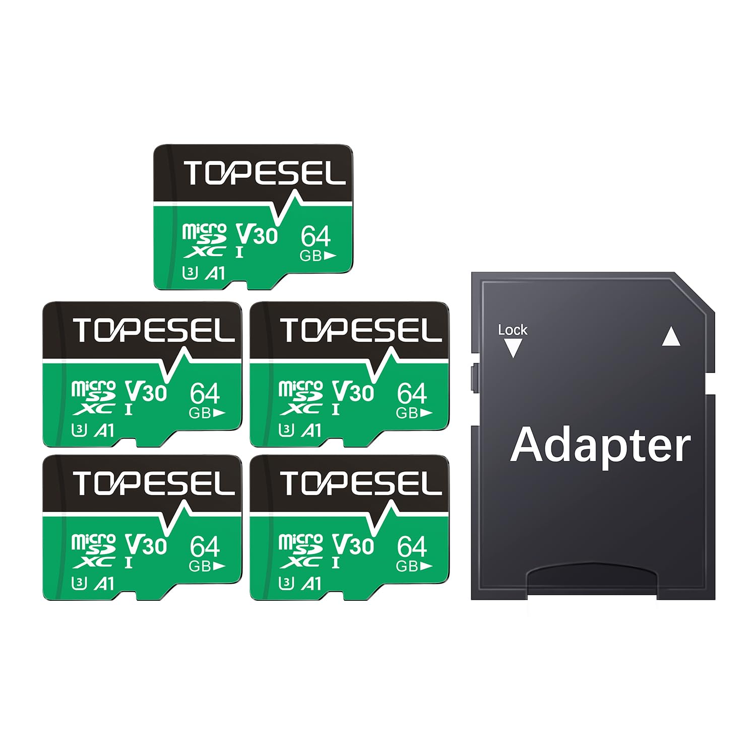 TOPESEL 64GB Micro SD Card 5 Pack, microSDXC UHS-I High Speed TF Card with Adapter, 90MB/s, C10, U3, A1, V30, 4K Recording Memor