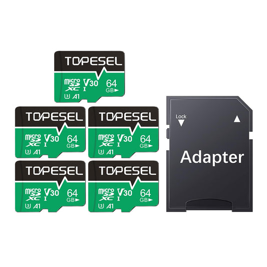TOPESEL 64GB Micro SD Card 5 Pack, microSDXC UHS-I High Speed TF Card with Adapter, 90MB/s, C10, U3, A1, V30, 4K Recording Memor