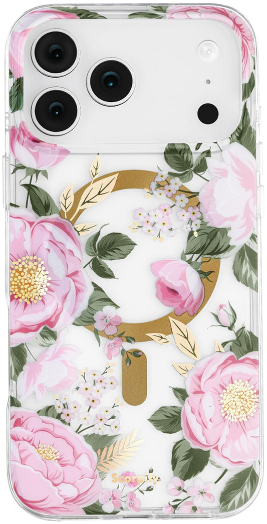 SCORPIFY for iPhone 17 Pro Case [Compatible with MagSafe] with Pink Peony Floral Design, Cute Clear Flower Magnetic Phone Cover