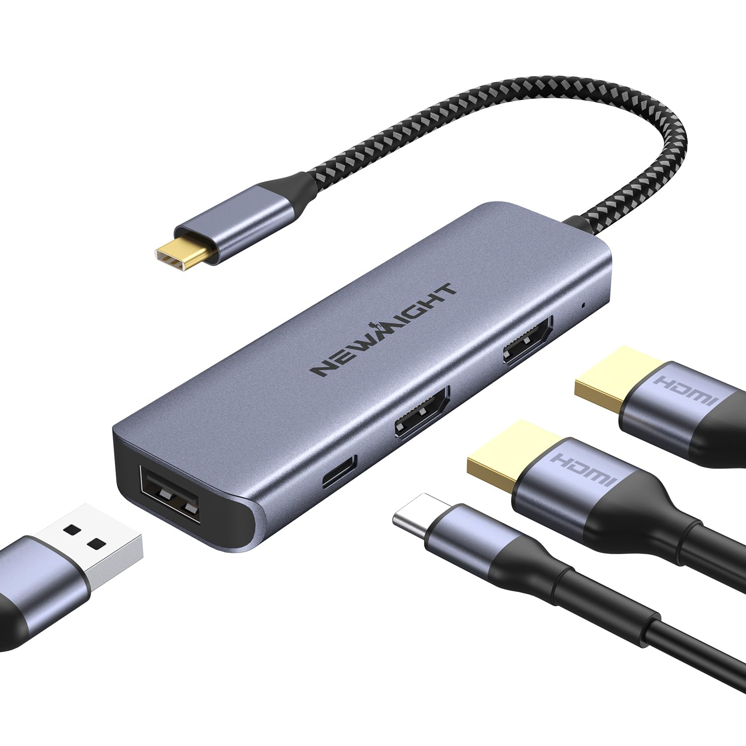 USB C Dual HDMI Adapter for 2 Monitors, Newmight 4-in-1 USB C to Dual Monitor HDMI Splitter, Supports Single 4K 60Hz and Dual 4K