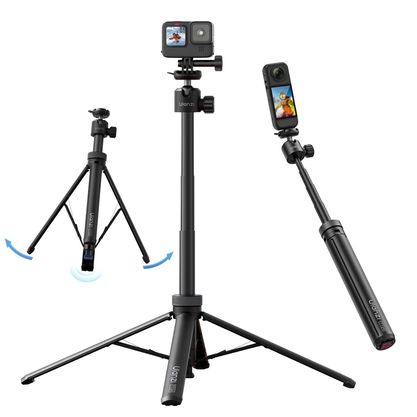 ULANZI TT24 CKa Quick-Release Selfie Stick Tripod with One-Touch Opening, 59 Extension Pole Adjustable Handle Grip with Ball Hea