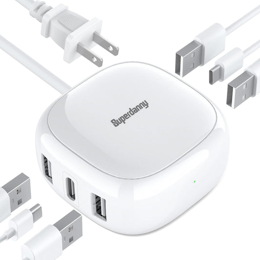 SUPERDANNY 6-Port USB Charger, 40W 8A Mini USB Charging Station, Charging Station for Multiple Devices, 4ft Cable, Compatible wi