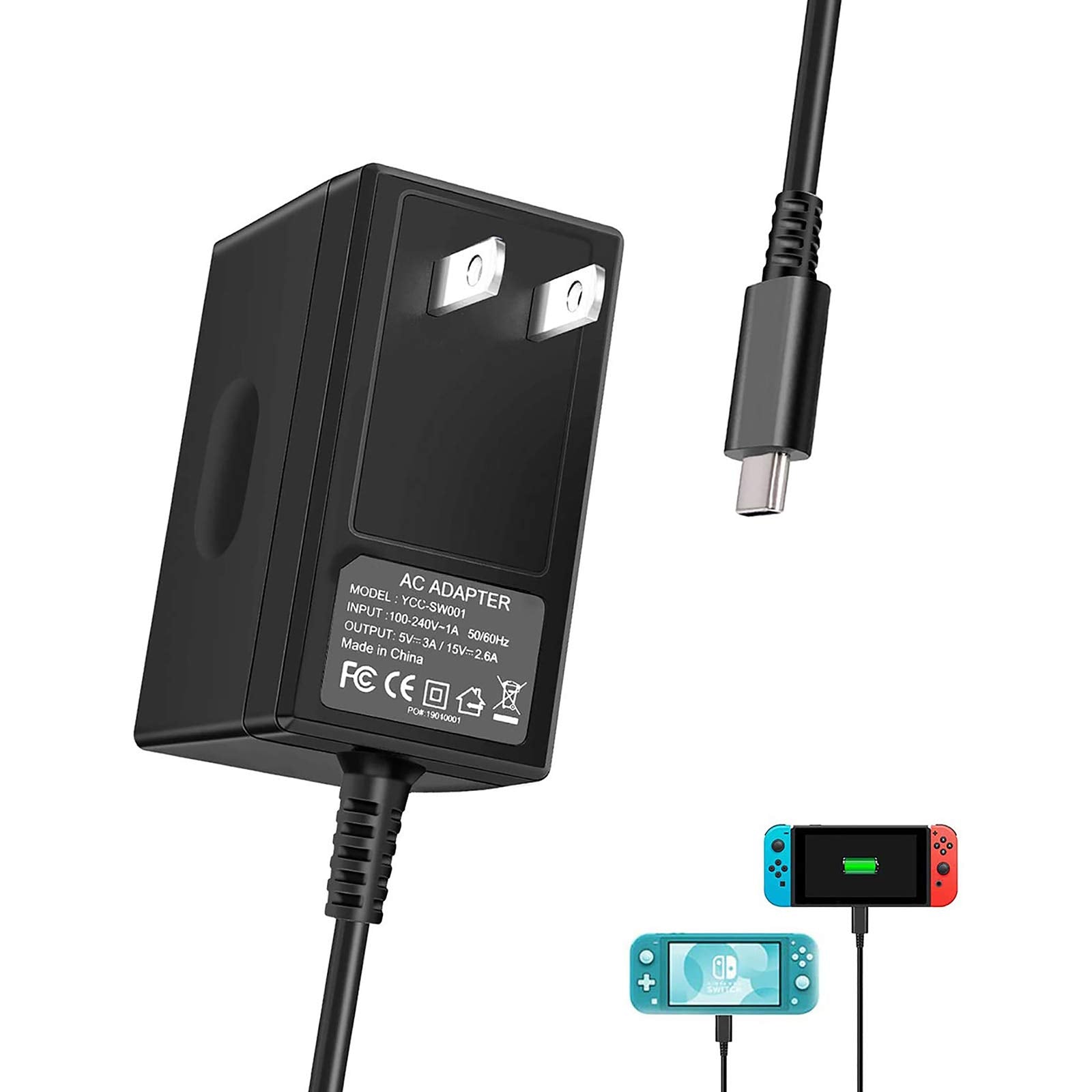 Oussirro Switch Charger AC Adapter for Nintendo Switch, 2.6A Fast Charging, 5ft Cord, Black, Model YCC-SW001