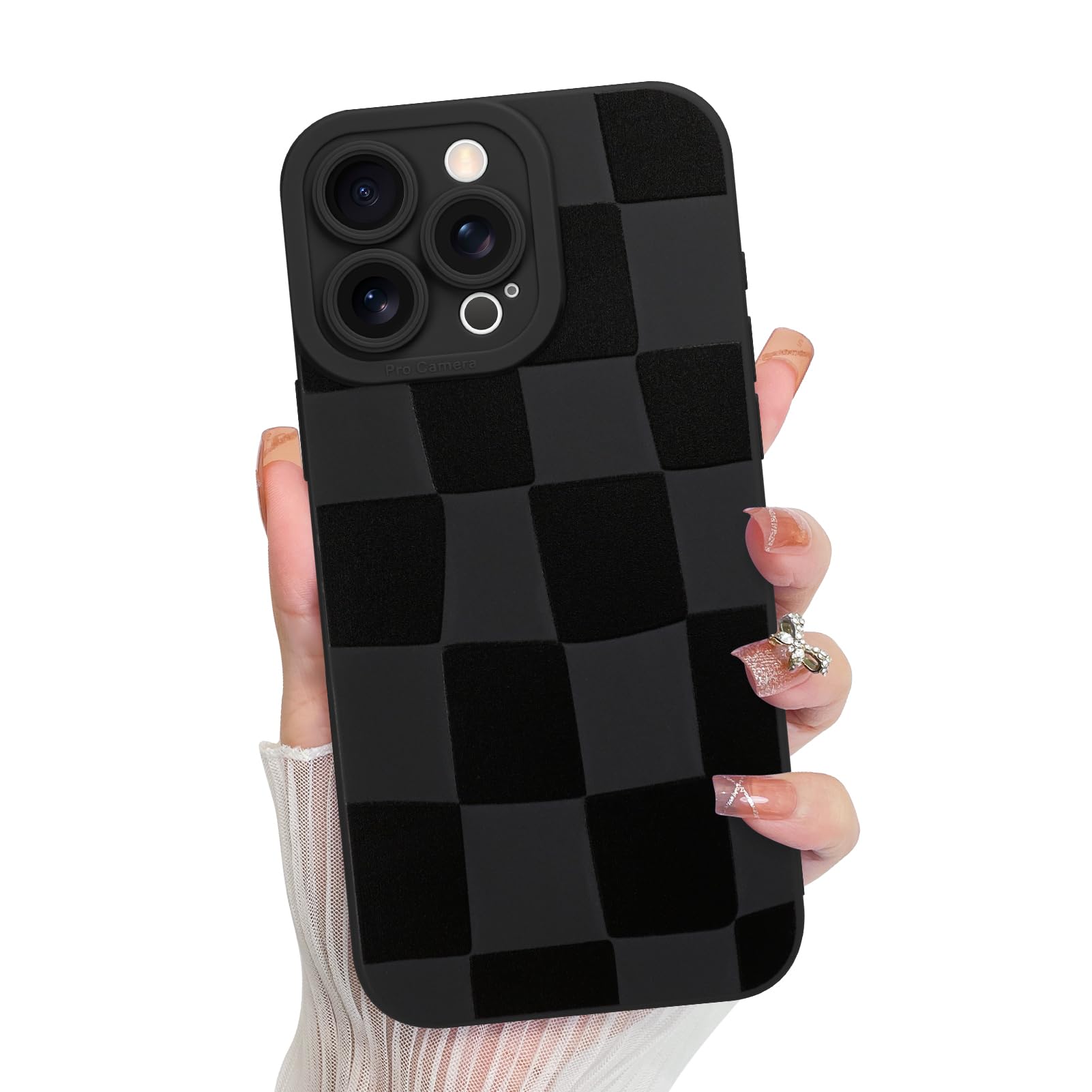 KANGHAR Compatible with iPhone 15 Pro Case, Silicone Checkered Cute Pattern, Camera Protection Soft Slim Phone Case for Girls Wo