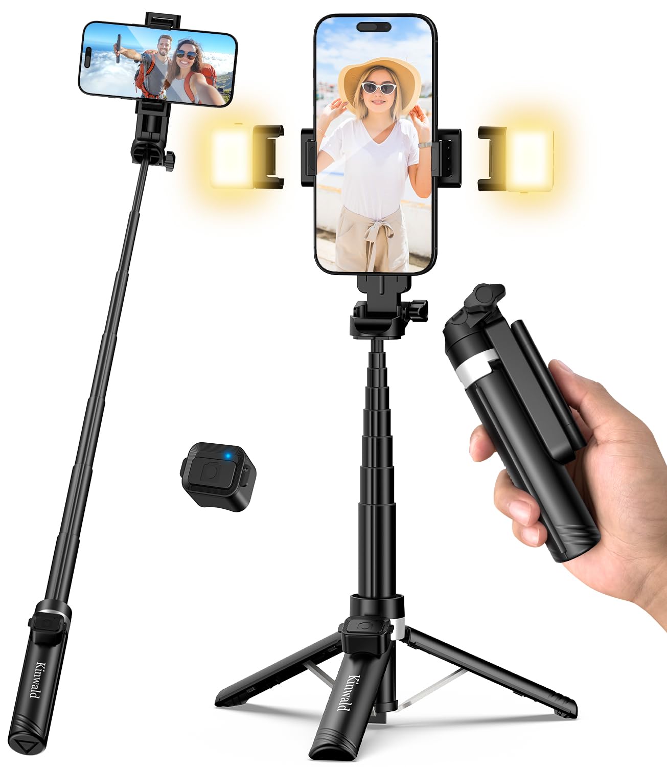 Kinwald 3-in-1 Phone Tripod with LED Lights & Remote, Extendable Selfie Stick Tripod Stand, Compact Portable with Bluetooth Remo
