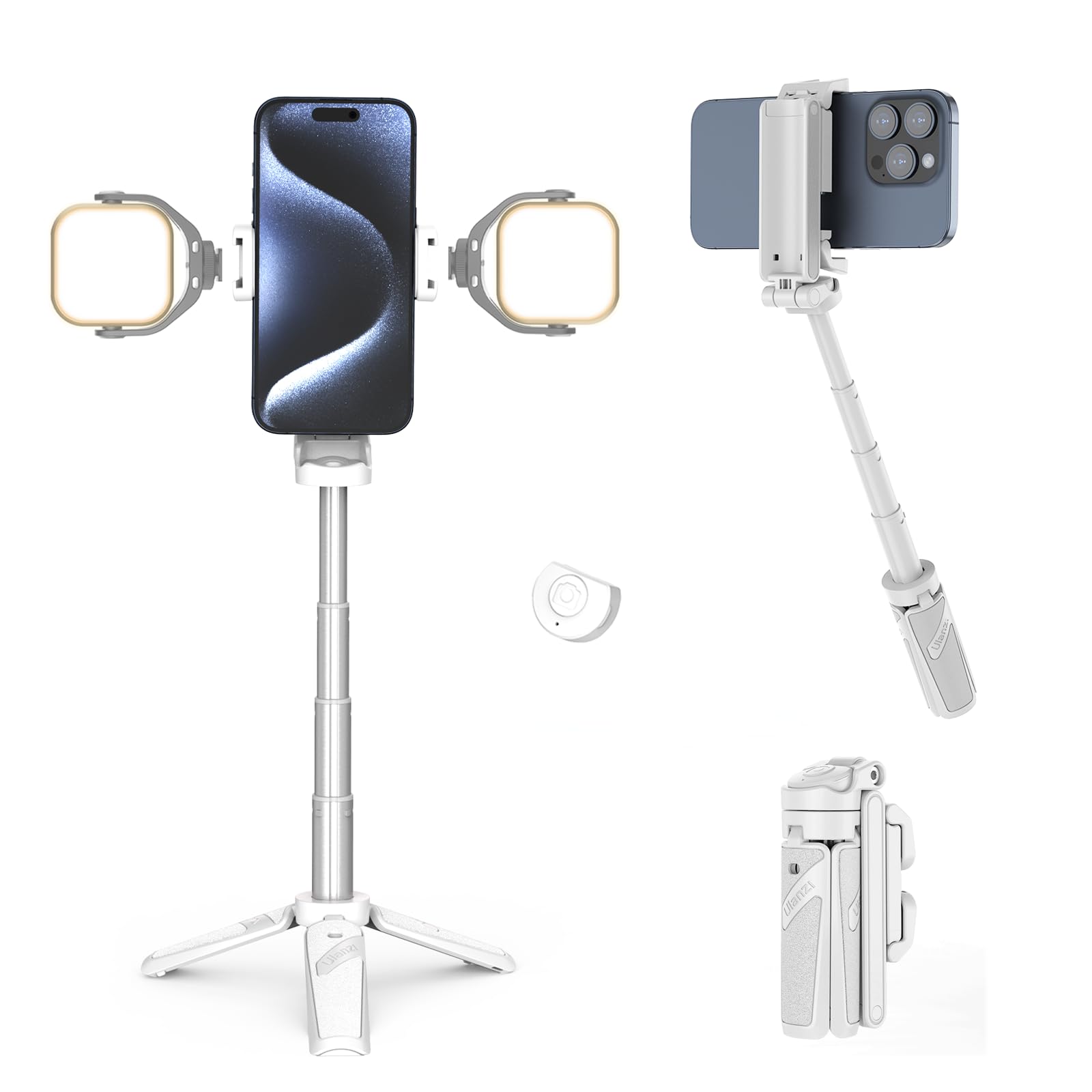 ULANZI JJ02 Selfie Stick Tripod, Extendable Grip Phone Tripod w Detachable Remote Pocket Size, 3-in-1 Mini Phone Grip 2 Cold Sho