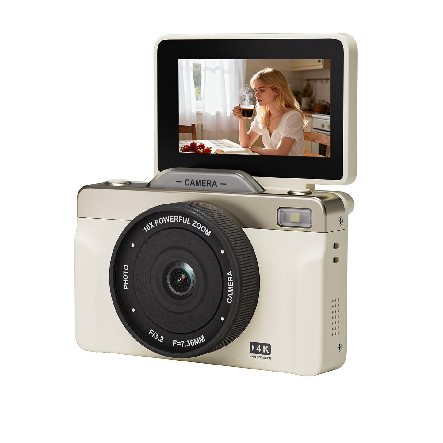 4K Digital Camera with 16X Zoom Anti Shake, 3 LCD 180 Flip Screen Compact Vlogging Camera with 32G SD-Card, White