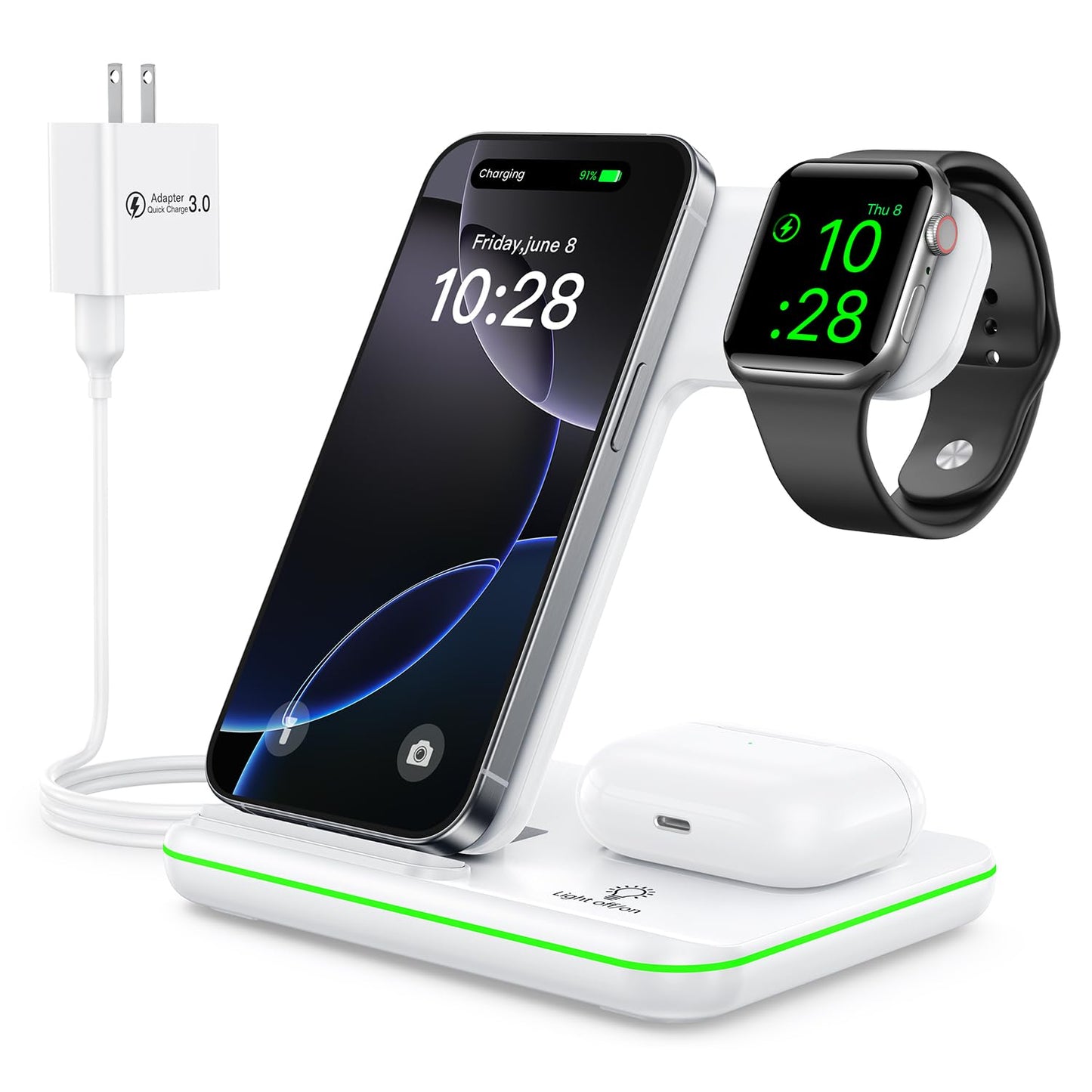 WAITIEE Wireless Charger 3 in 1, 15W Fast Charging Station for Apple Watch 10/9/8/Ultra 2/Ultra/SE/7/6/5/4/3/2, for AirPods 4/3/