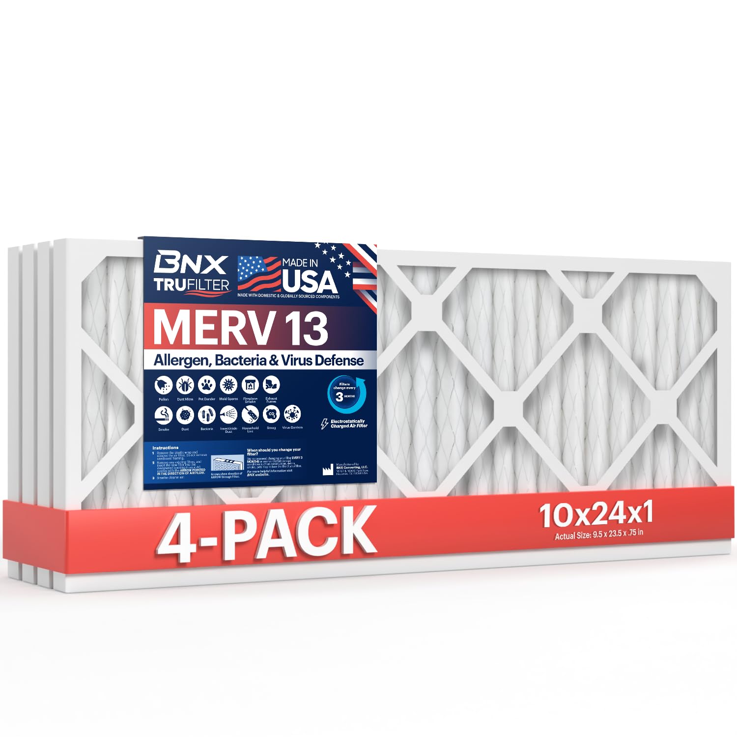 BNX TruFilter 10x24x1 Air Filter MERV 13 (4-Pack) - MADE IN USA - Electrostatic Pleated Air Conditioner HVAC AC Furnace Filters