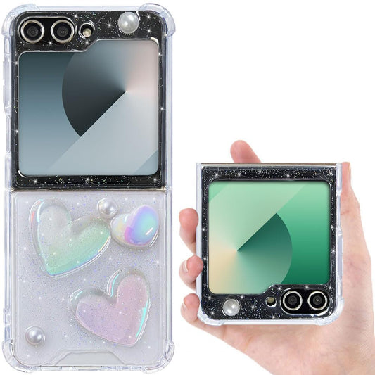 CEOKOK for Samsung Galaxy Z Flip 5/ Z Flip 6/ Z FLIP 7 FE Case Clear with Glitter 3D Heart Girly Women Cute Design Protective Ho