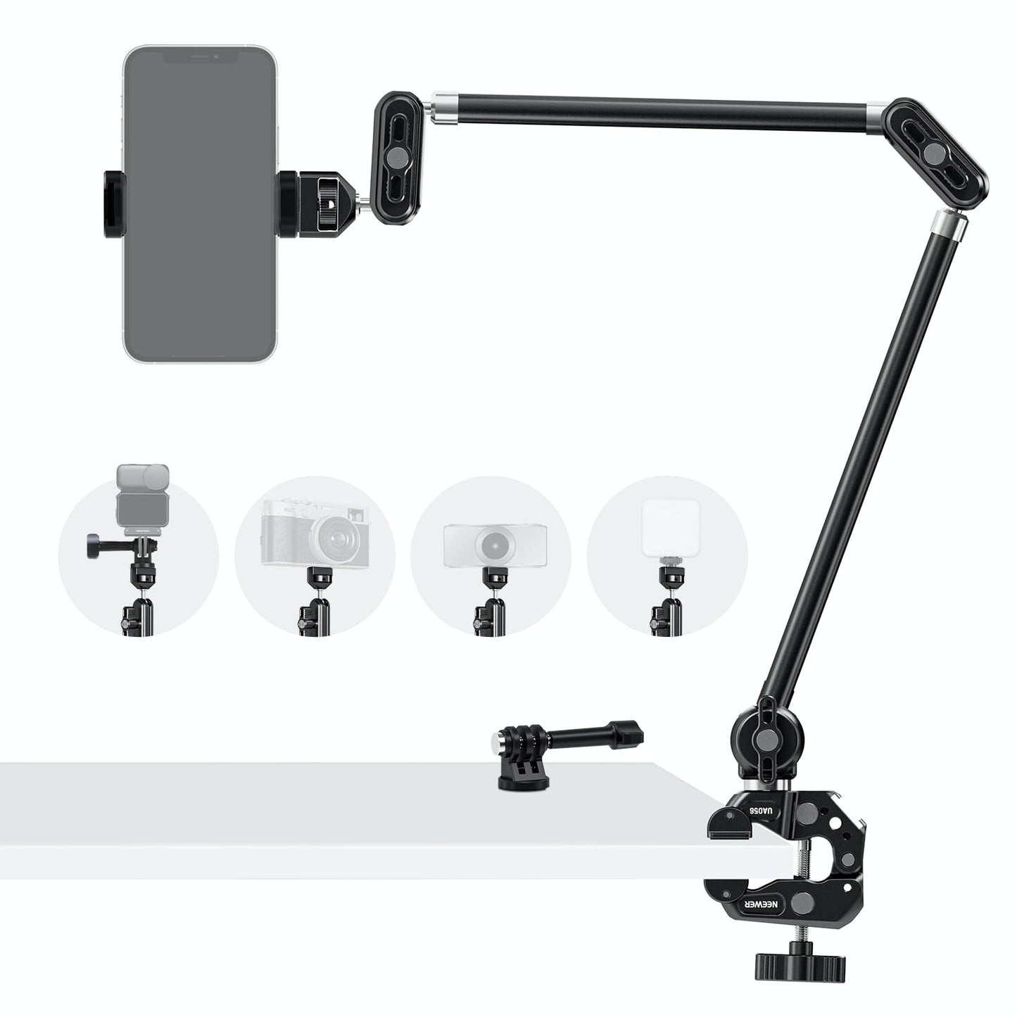 NEEWER 30 Articulating Magic Arm with Super Clamp/Action Cam Mount/Phone Holder, Overhead Camera Desk Mount Mic Boom Stand, Comp