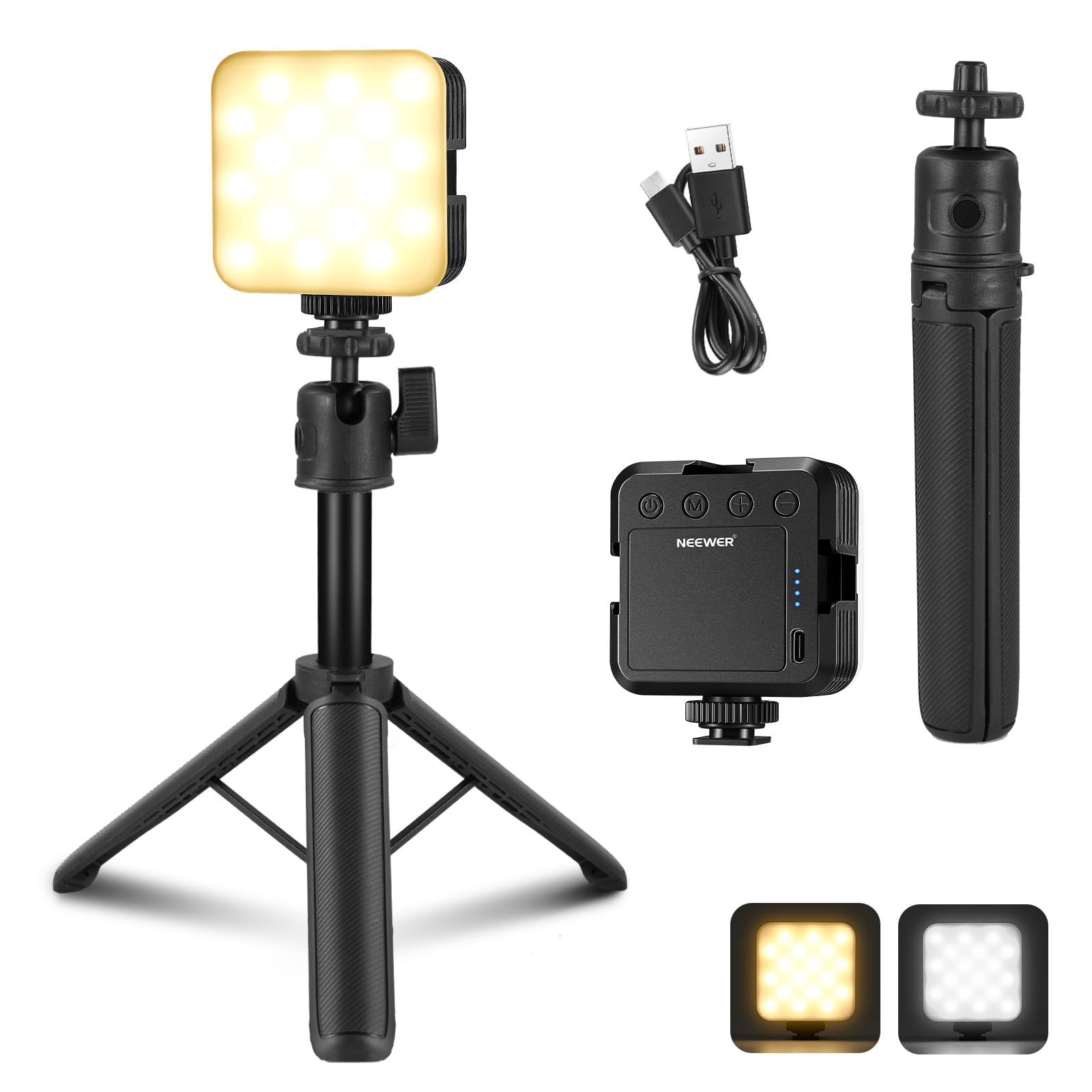 NEEWER LED Camera Video Light with Desk Tripod Stand, Portable Bi Color 3200K-5600K Dimmable Small Panel Lighting, CRI 97+ 8 Sce