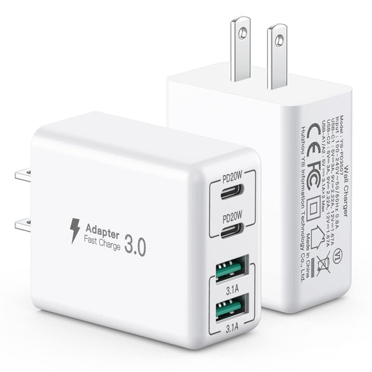 [2 Pack] USB C Wall Charger, 40W 4-Port USB C Charger Block,Fast Charging Block Dual Port PD+QC Wall Plug Multiport Type C Compa