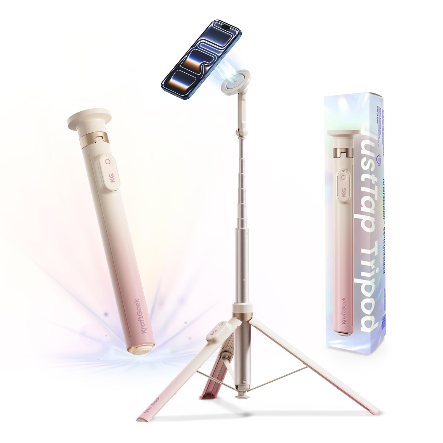 KraftGeek Magnetic Phone Tripod for iPhone MagSafe - 66 Auto-Open Selfie Stick with Remote, Cell Phone Tripod Stand for Video