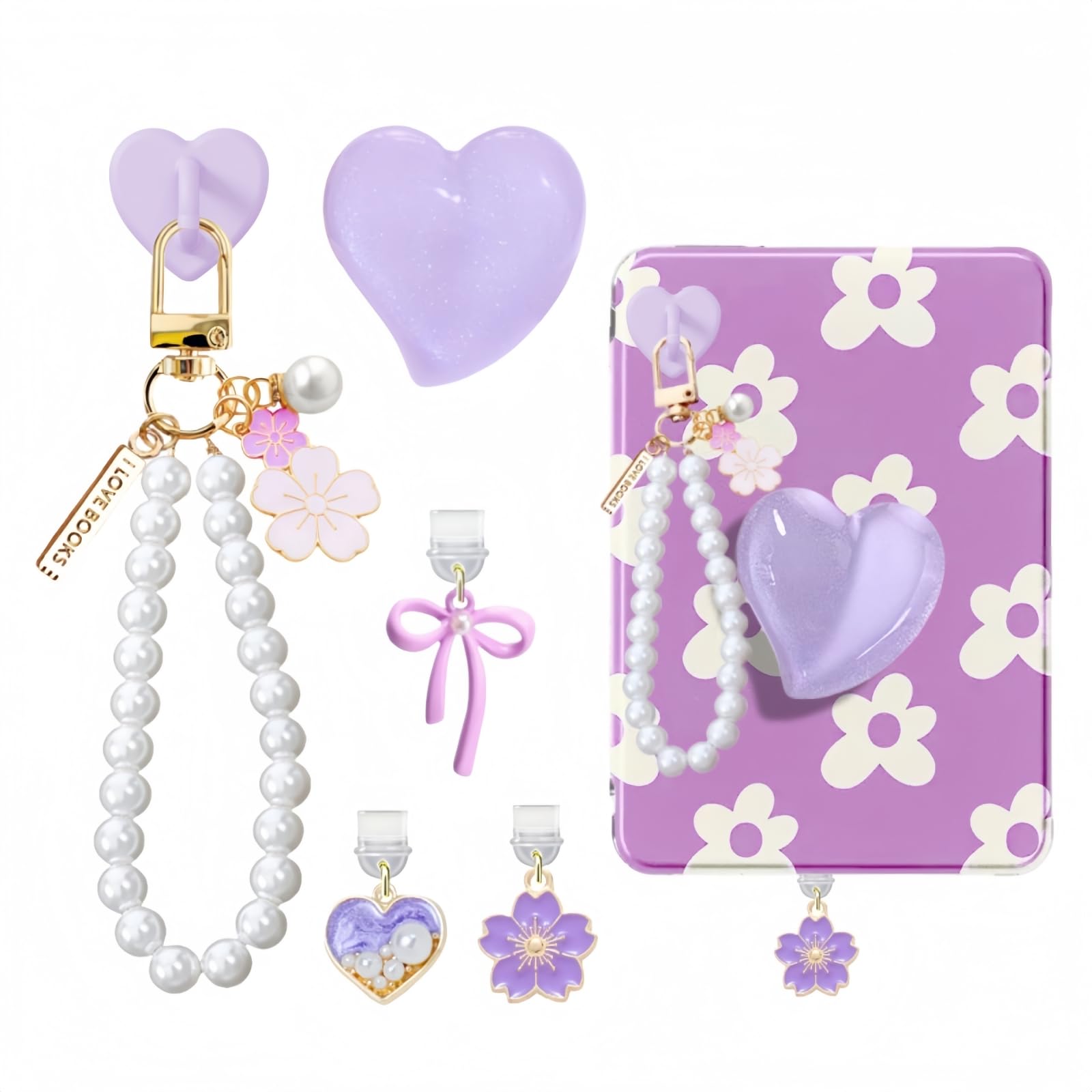 6PCS Charms Set Compatible with Kindle, Accessories Including Dust Plug Charm Type C/USB C, Charm Chain with Hook, Heart Grip Ho