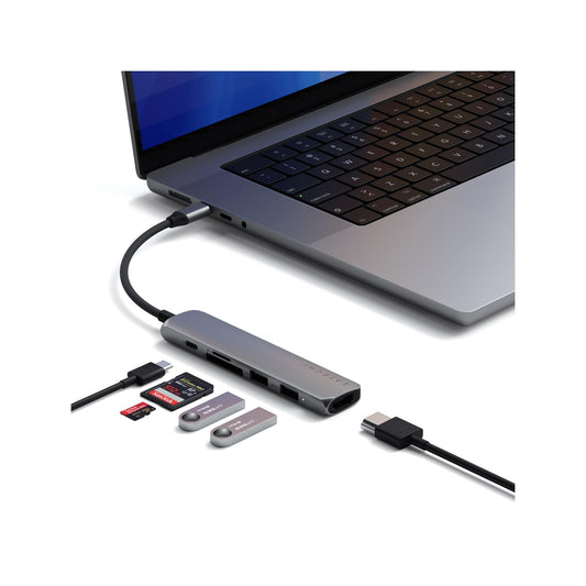 Satechi 6 in 1 USB C Hub Multiport Adapter with HDMI 4K@60Hz, 100W PD Charging, 2X USB-A Data Ports, Micro/SD Card Readers for M