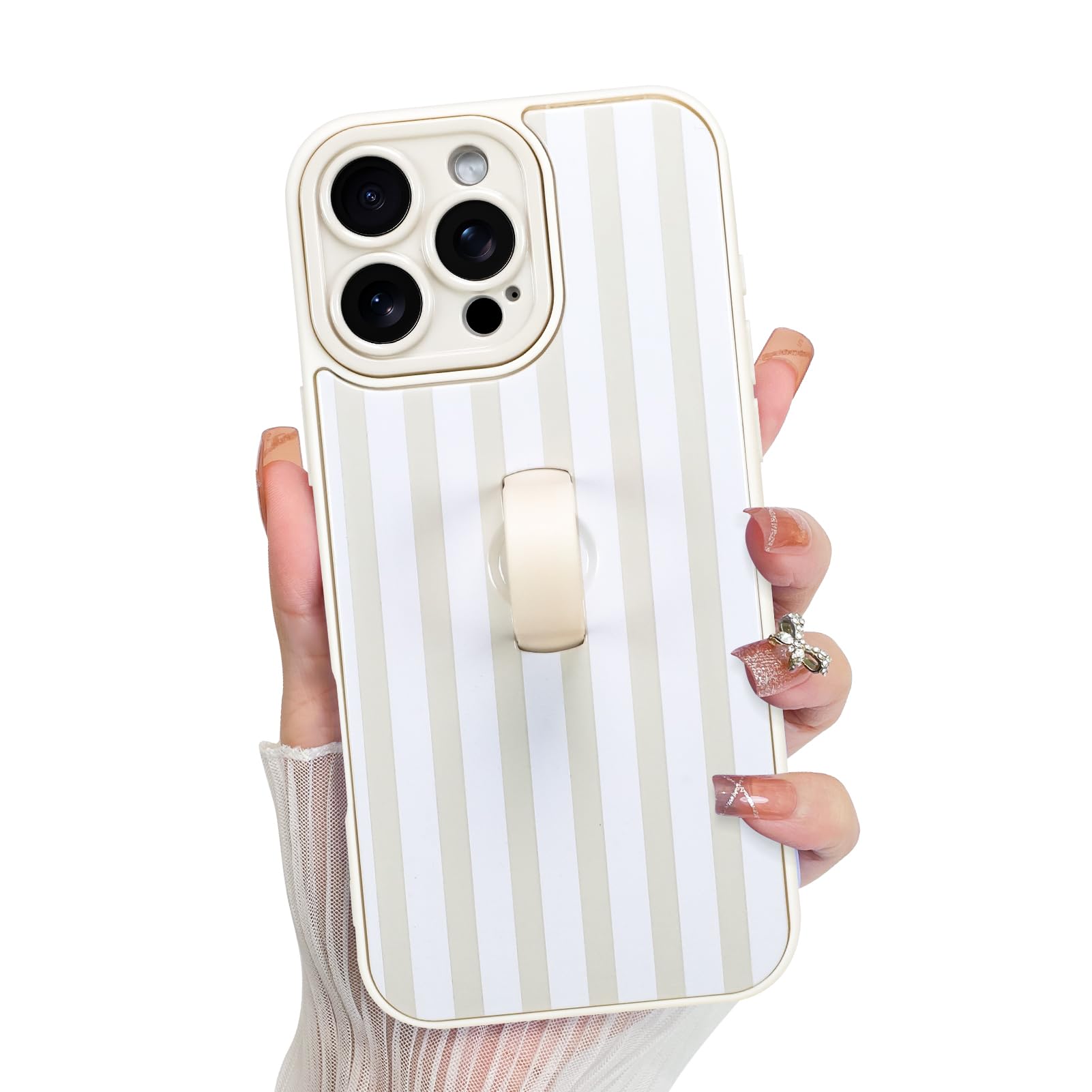 KANGHAR Compatible with iPhone 16 Pro Case, Silicone Stripes Cute Pattern, Wristband Kickstand Camera Protection Soft Slim Cover