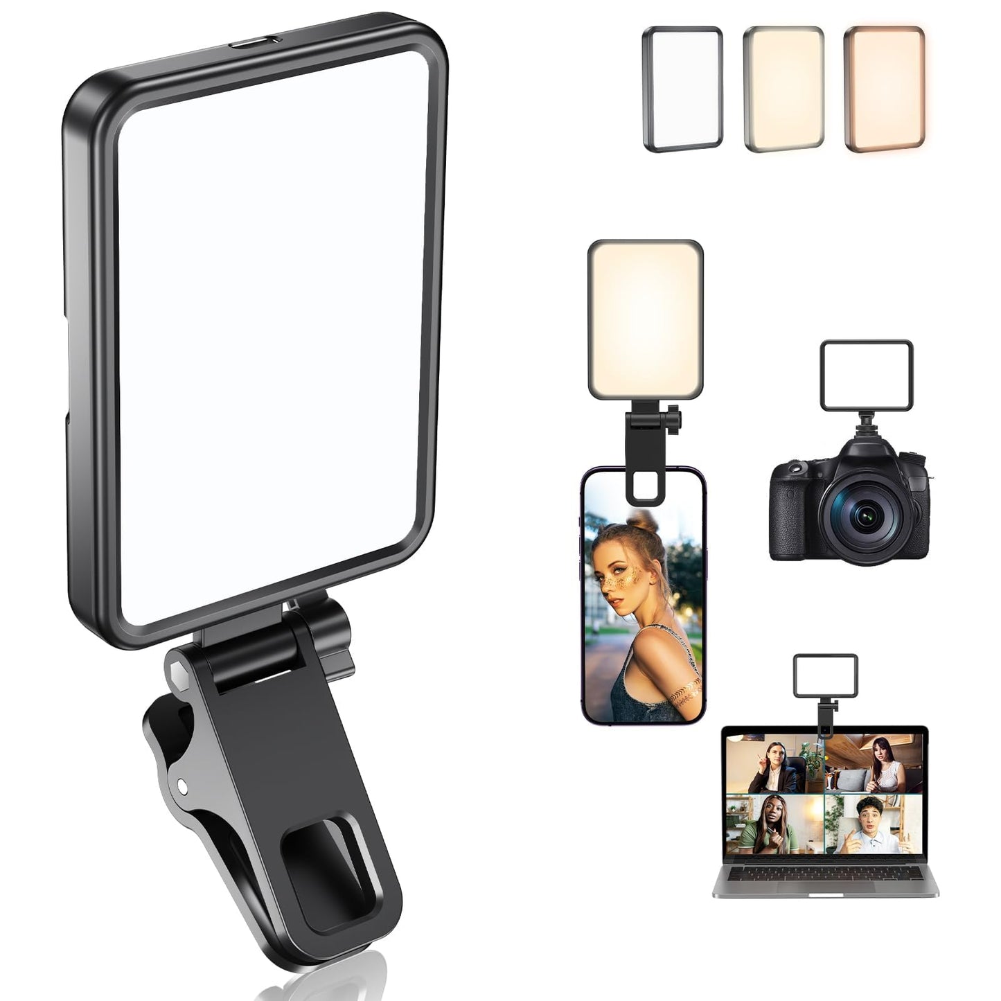 Datarm Rechargeable Soft Selfie Light for Phone, Camera, Laptop, 4-14H Battery Portable LED Light for Pictures, Phone Light Clip