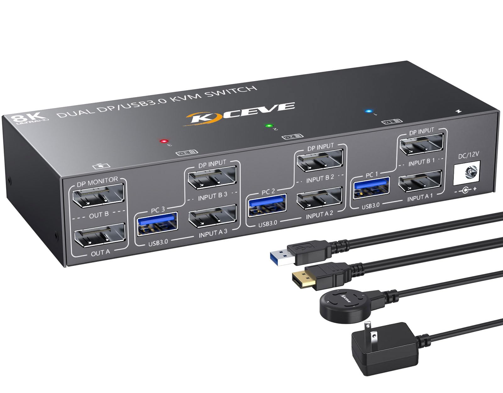 KCEVE KVM Switch 2 Monitors 3 Computers 4K@144Hz, Displayport KVM Switch Dual Monitor for 3 Computer Share 2 Monitor and 4 USB 3