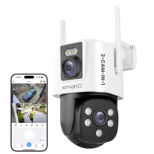 xmartO WiFi6 Dual-Lens Security Camera, 4MP QHD 2-in-1 Home Camera with 180 Static FOV & 360PTZ AI Tracking, 5G/2.4G Dual Band,