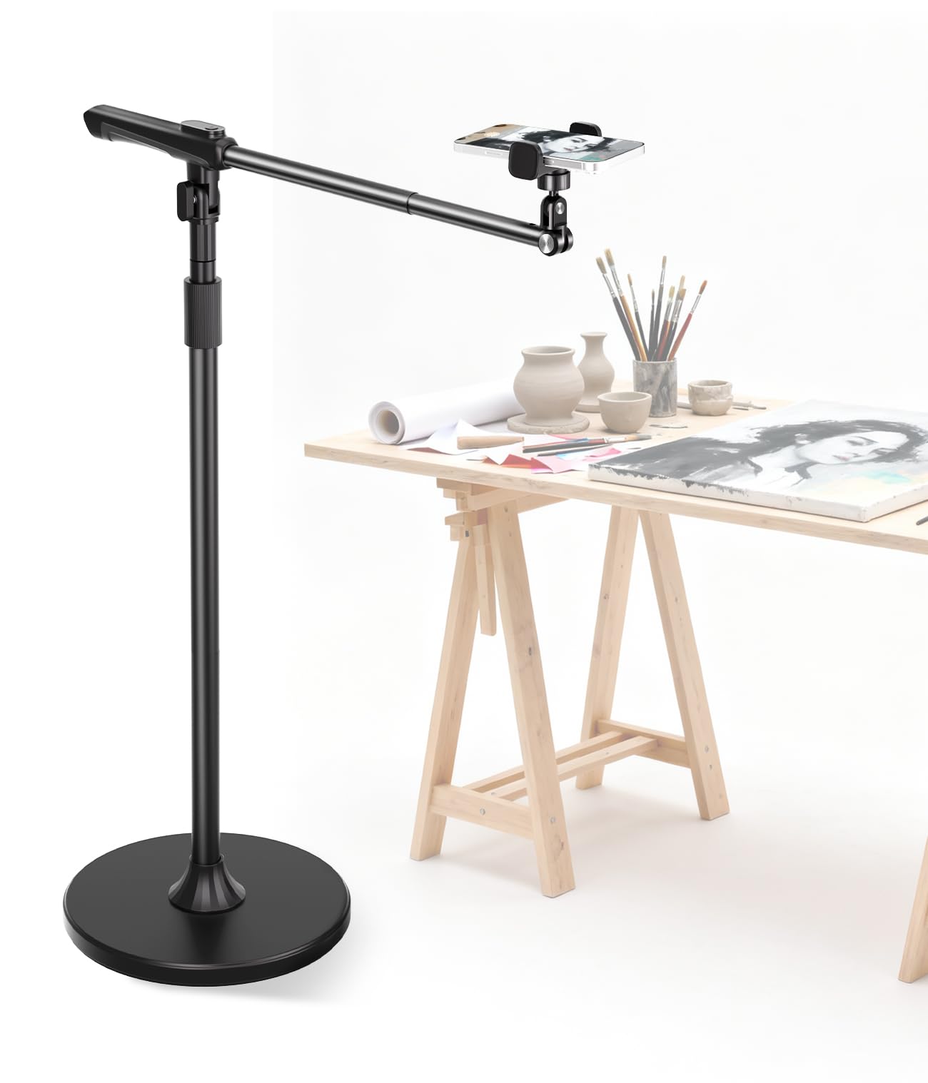 Arsoer Phone Floor Stand, Overhead Phone Mount with Extendable Horizontal Arm & Remote, 360 Rotatable Extension Arm, Adjustable