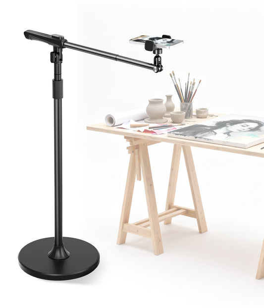 Arsoer Phone Floor Stand, Overhead Phone Mount with Extendable Horizontal Arm & Remote, 360 Rotatable Extension Arm, Adjustable