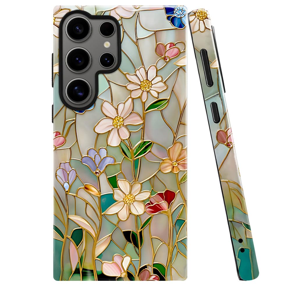 TnXee Case for Samsung Galaxy S23 Ultra,Stained Glass Bloom Flower Phone Case Drop Resistant Glossy 2 in 1 Solid Dual-Layer Cove