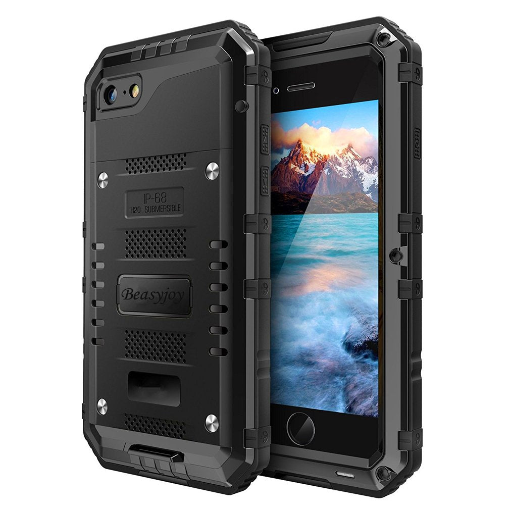 Beasyjoy Heavy Duty Waterproof Case for iPhone SE/7/8, Black Metal Full Body Protector with Screen Protector