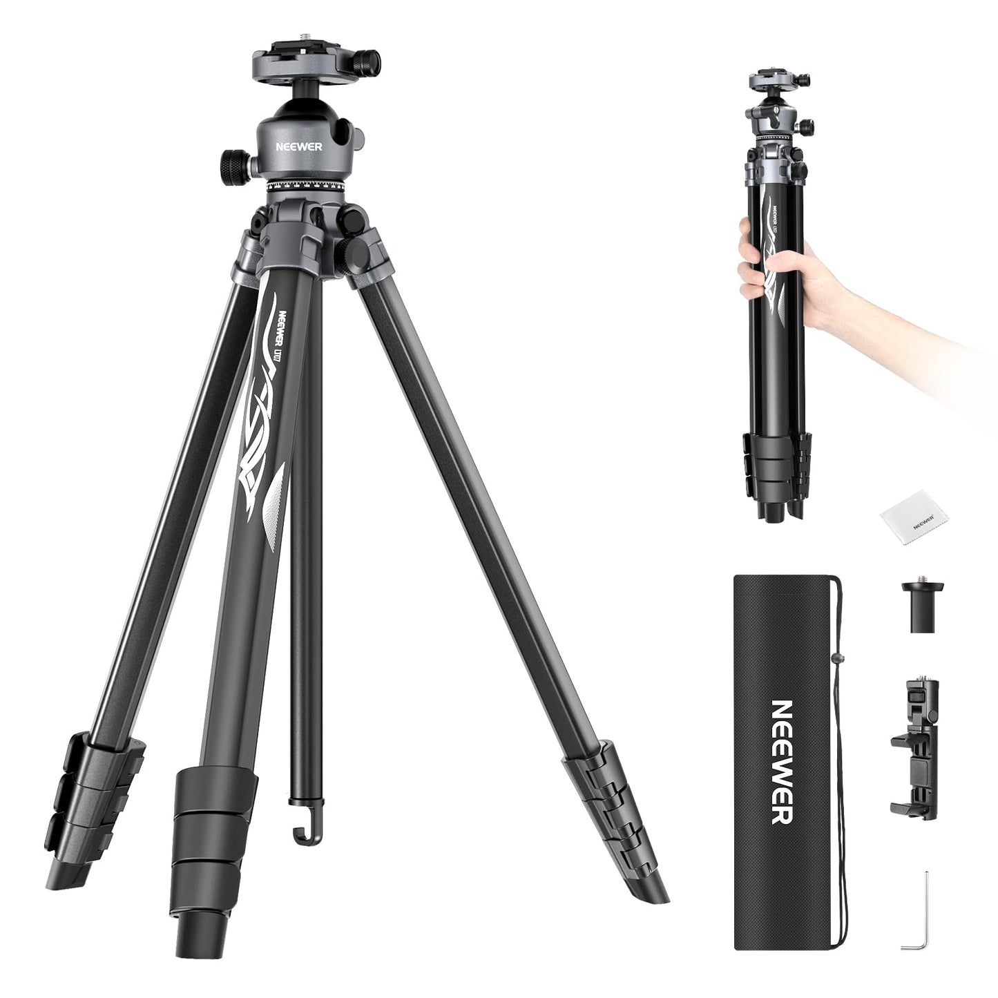 NEEWER LITETRIP LT07 61 Aluminum Travel Camera Tripod, Portable Stand with Ball Head Dual Axis Cell Phone Holder Arca QR Plate C