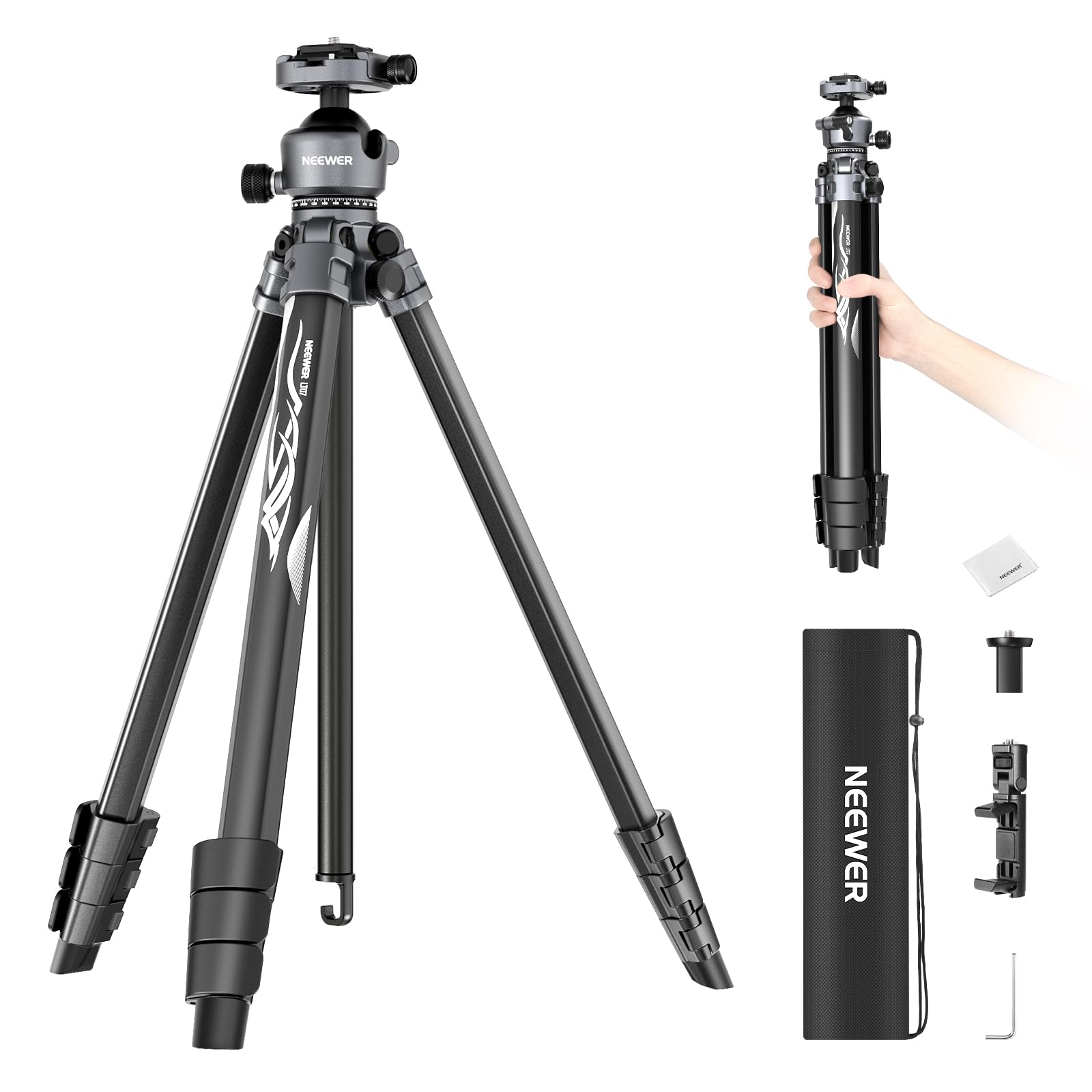 NEEWER LITETRIP LT07 61 Aluminum Travel Camera Tripod, Portable Stand with Ball Head Dual Axis Cell Phone Holder Arca QR Plate C