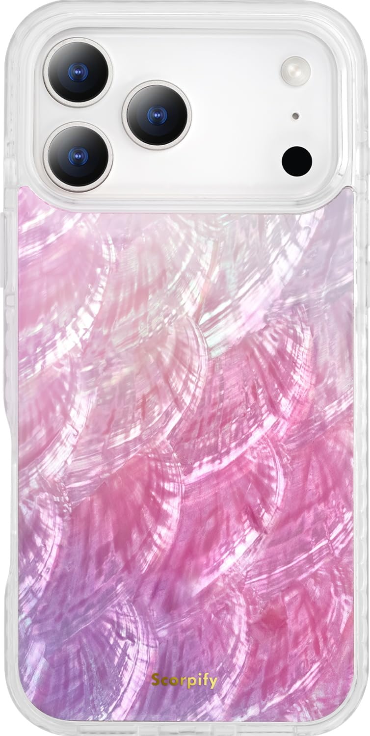 SCORPIFY for iPhone 17 Pro Case [Compatible with MagSafe] with Genuine Pink Mother of Pearl Design and Seashell Pattern, Cute Cl