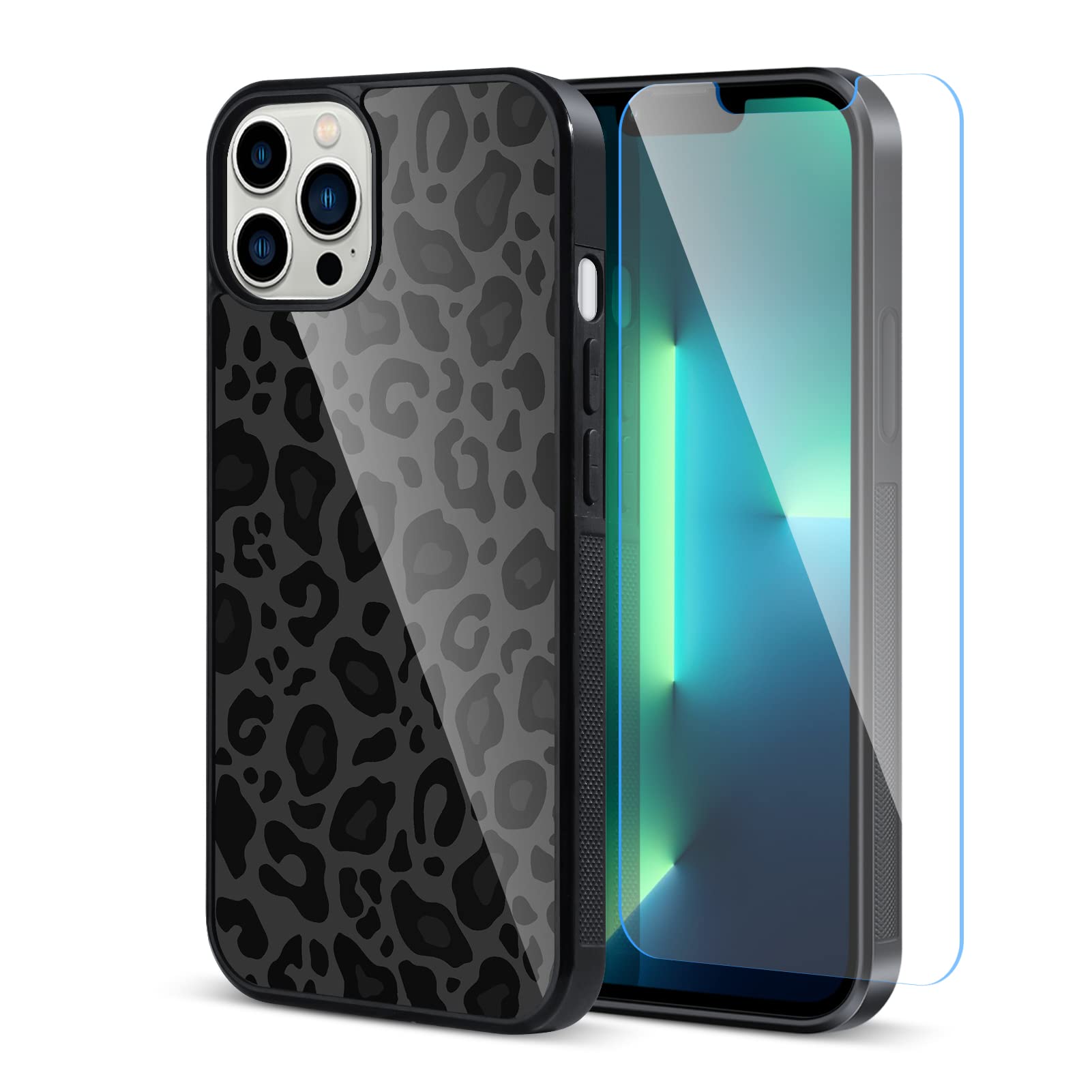 TEAUGHT Compatible with iPhone 13 Pro Case Cute Pattern Black Leopard Print Cheetah + Screen Protector Tire Shockproof Cover, Ch