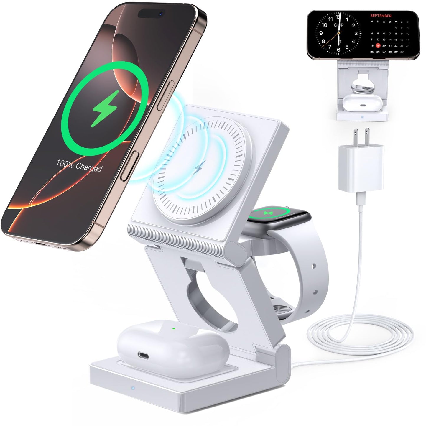 3 in 1 Wireless Charging Station for Apple Multple Devices - Foldable Magnetic Wireless Charger Dock -Travel 18W Charging Pad fo