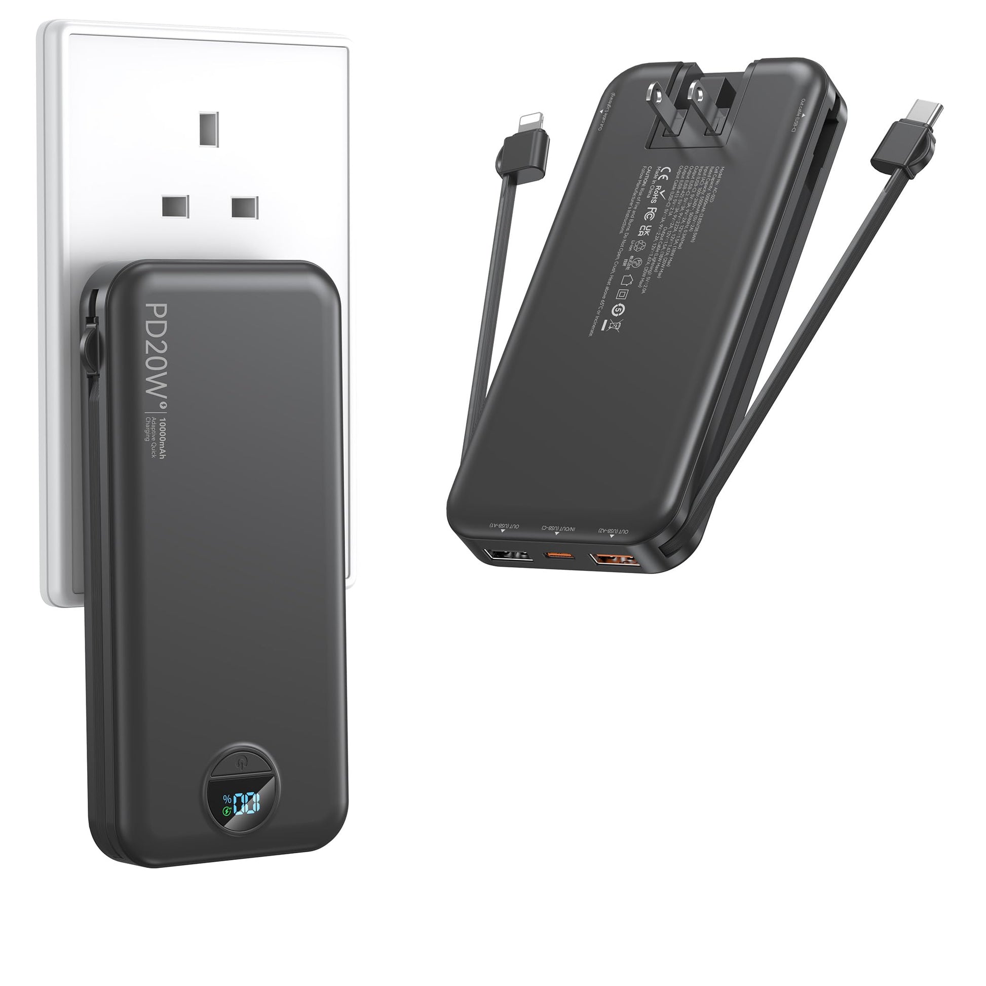 Portable Charger with Wall Plug, 10000mAh USB C Power Bank Fast Charging, External Battery Pack with Built in Cables, Digital Di