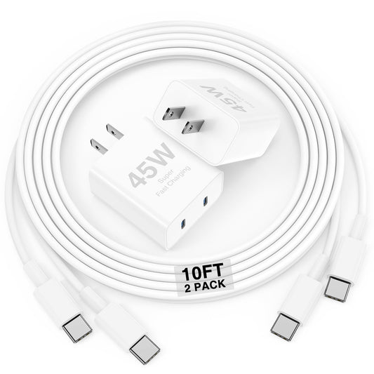 Dual Port 45W iPhone 17 16 15 Charger and 10ft Type C to C Cable Cord Long, USB C Fast Wall Charging Block Plug Power Adapter fo