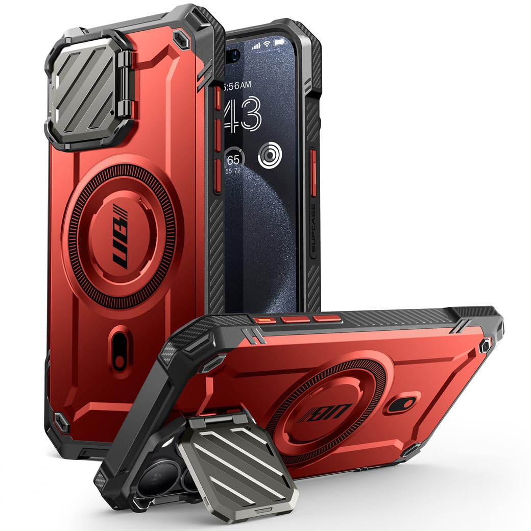 SupCase iPhone 15 Pro 6.1 [mag XT] Heavy Duty Protective Case Cover Compatible with MagSafe and Camera Holder Shockproof Red