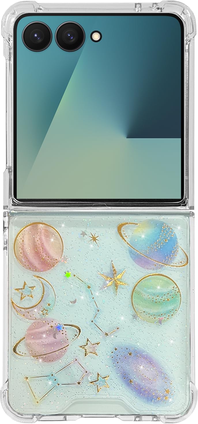 Abbery for Samsung Galaxy Z Flip 7 Case Cute Clear with Planet Stars Moon Design Glitter Bling Sparkly Protective Shockproof Wom