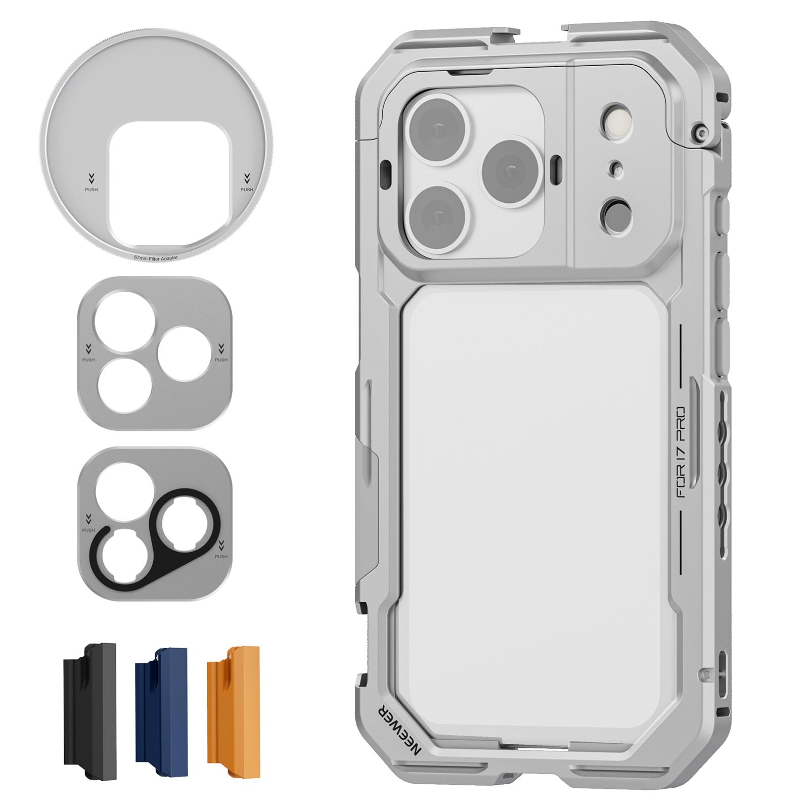 NEEWER Phone Cage Compatible with iPhone 17 Pro, Quick Release Video Rig Stabilizer Accessories with 67mm Filter Ring, 17mm Lens