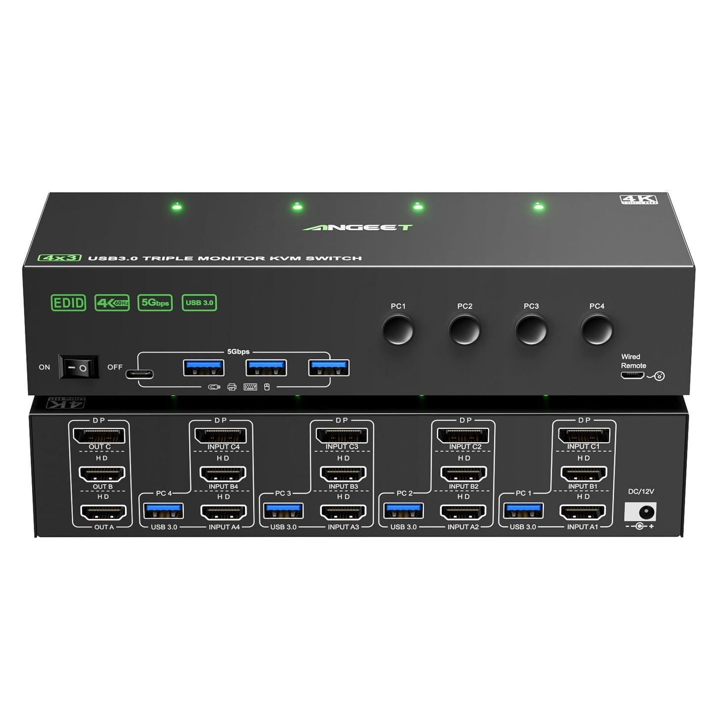KVM Switch 3 Monitors 4 Computers 4K@60Hz EDID Simulation, 2 HDMI+Displayport KVM Switch Triple Monitor for 4 Computer Share 3 M