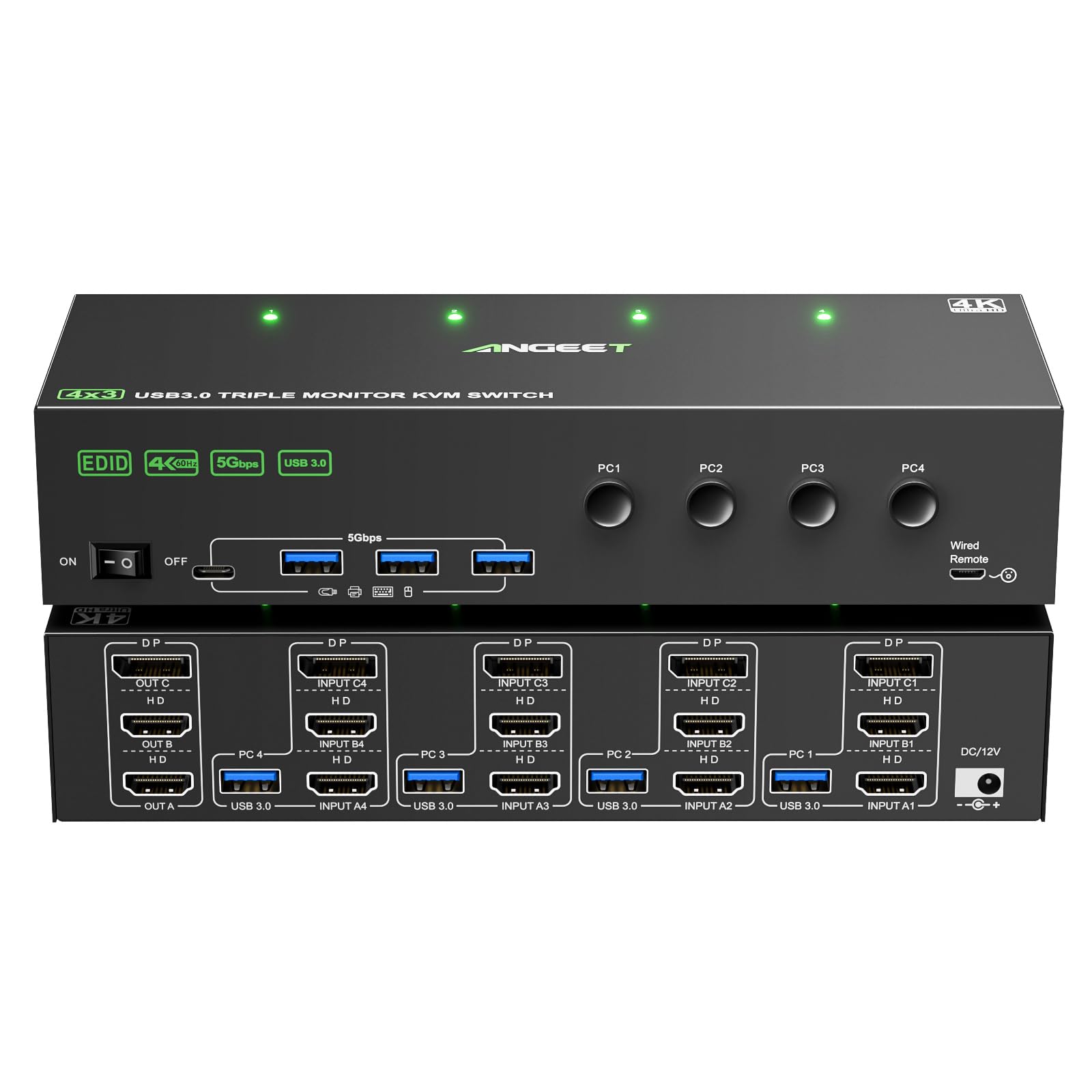 KVM Switch 3 Monitors 4 Computers 4K@60Hz EDID Simulation, 2 HDMI+Displayport KVM Switch Triple Monitor for 4 Computer Share 3 M